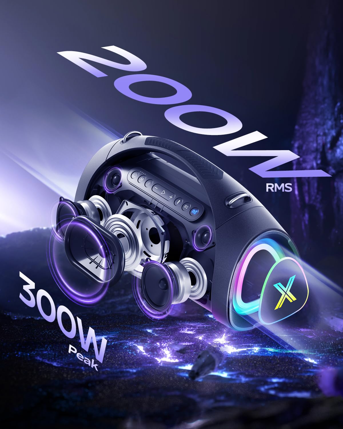 YEAHBOX Sonic Boom Max K, 200W RMS / 300W Peak Bluetooth Speaker, TriFonic Pro True 3-Way HiFi, PulseBass X Oval Woofer, (Dual Wireless Mics + Remote Reverb), Smart App EQ